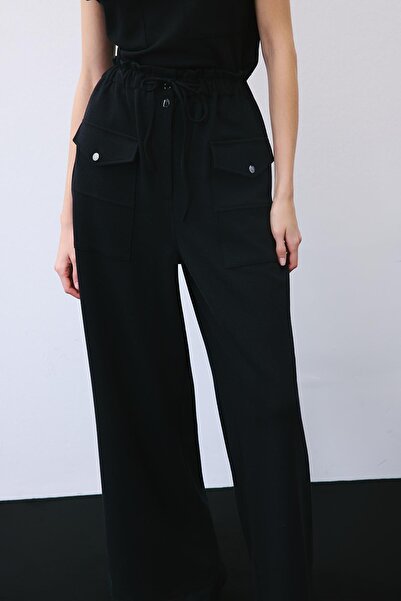 rue Lace-Up Wool Blend Wide Leg Black Trousers