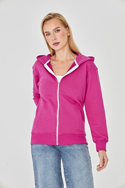 TRENDHİLL Women's Full Zip Hooded Cotton Tracksuit Top Fuchsia 9508-F