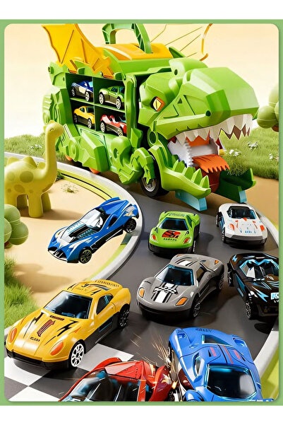 Generic Dinosaur Swallowing Toy Car Set,Slide Track Alloy Educational Toy Car Racing Car Storage Toy,Green