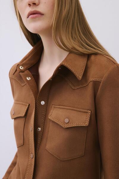 rue Contrast Stitching Pack Suede Brown Shirts