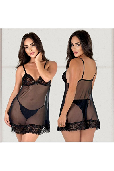 Işıkgiyim Kadın siyah dantelli askılı tül gecelik