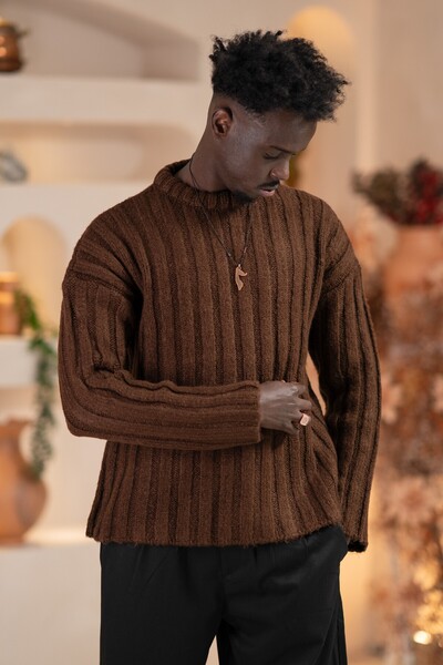 AKÇAYLAR Oversized Self-Striped Cotton Thick Knitwear Sports Sweater