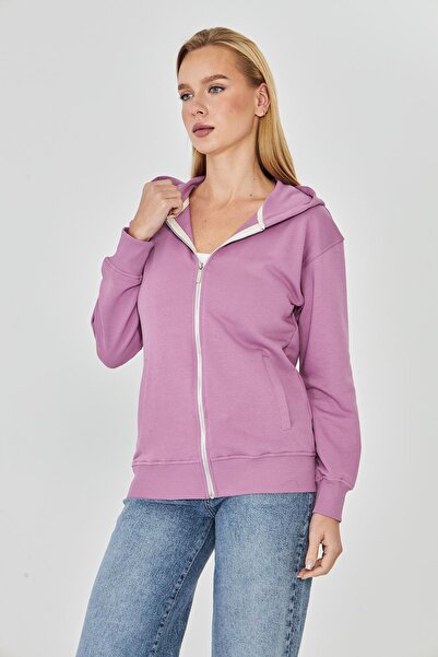 TRENDHİLL Women's Full Zip Hooded Cotton Tracksuit Top Lilac 9508-L