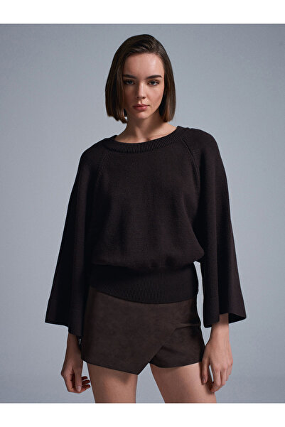 Dilvin 10818 Crew Neck Wide Sleeve Knitwear Sweater-Dark Brown