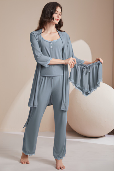 Inovius Set Pijama de Dama 4 Piese, Albastru-ANI155 Marimea M