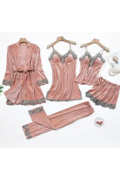 Inovius Set Pijama De Dama 5 Piese Roz Din Catifea- MEI17 Marimea L