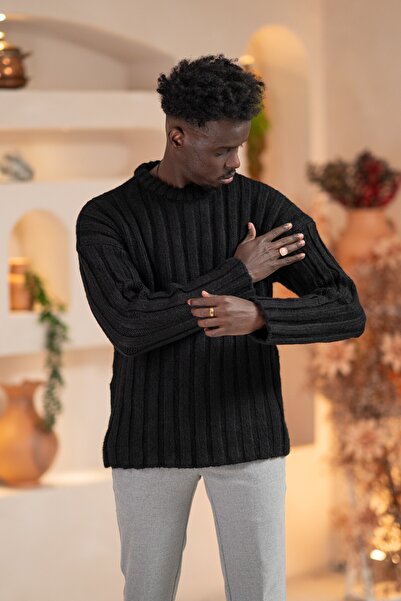 AKÇAYLAR Oversized Self-Striped Cotton Thick Knitwear Sports Sweater