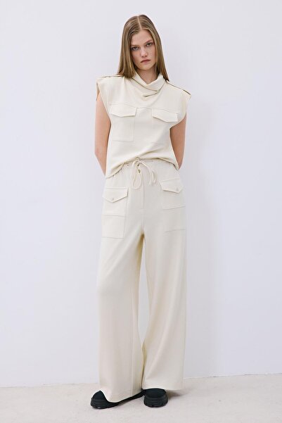 rue Lace-Up Wool Blend Wide Leg Ecru Trousers