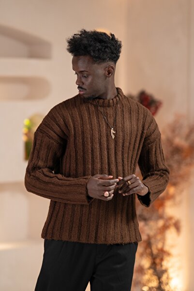 AKÇAYLAR Oversized Self-Striped Cotton Thick Knitwear Sports Sweater