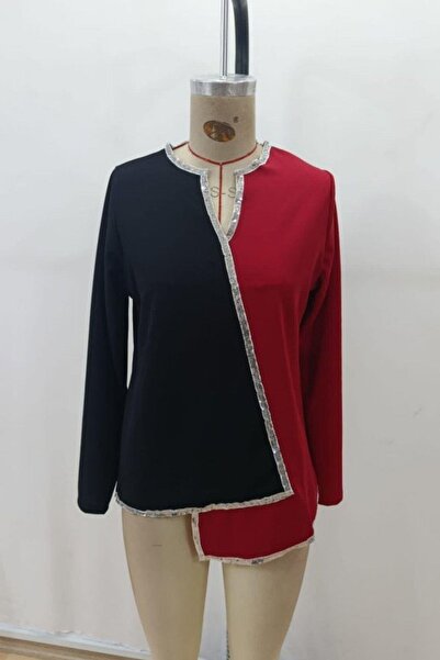 Mossta V-Neck Pulpayet Detailed Imported Crepe Blouse - Red