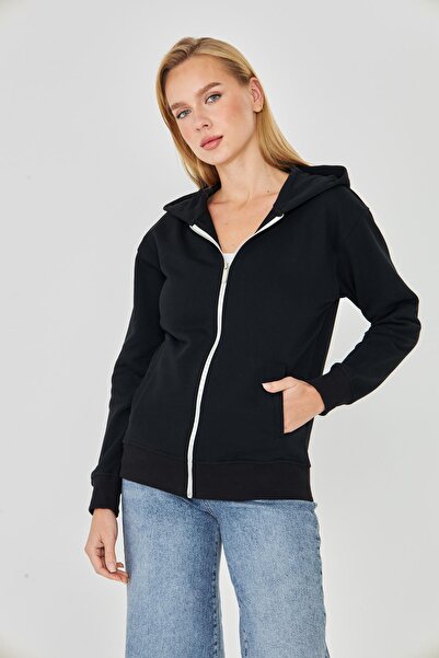 TRENDHİLL Women's Full Zip Hooded Cotton Tracksuit Top Black 9508-S