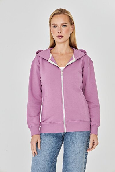 TRENDHİLL Women's Full Zip Hooded Cotton Tracksuit Top Lilac 9508-L
