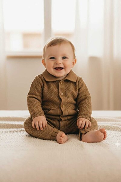 Mamman's Knitwear Knitted Winter Baby Romper, with Pockets, Polo Neck, Thick Knit Boys Buttoned Jumpsuit