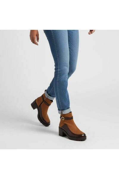 NE&VE SHOES Γυναικείες μπότες με χοντρό τακούνι Taba Nubuck Brown συνδυασμός υφασμάτων με λουράκι στον αστράγαλο