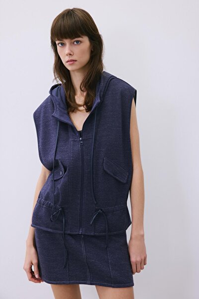 rue Hooded Leather Detailed Indigo Knitwear Vest
