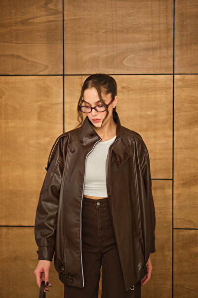 LOCCO Γυναικείο δερμάτινο μπουφάν ψηλός λαιμός καφέ