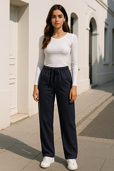 Rich Women's Navy Blue High Waist Elastic Wide Leg Trousers-Multicolour 11