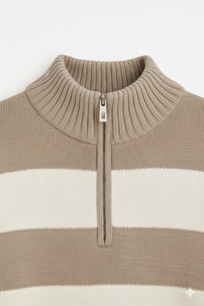 Wkm Denim Men's Zippered Mock Neck Striped Regular Fit Knitwear Sweater