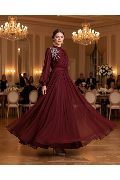 MissRunin Önü Taş Detaylı Drapeli Kemerli Tül Abiye