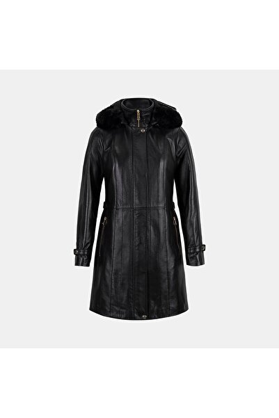 Desa Women's Black Hakim Collar Hooded Leather Coat