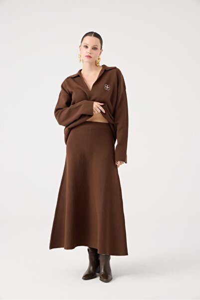 HOLLY LOLLY Elastic Waist Long Zoi Knit Skirt Brown