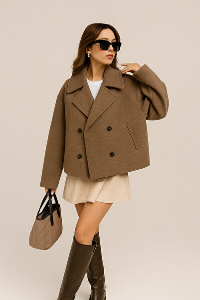 Vireo Club Kadın Kahverengi Zigzag Desenli Kaşe Kısa Kaban