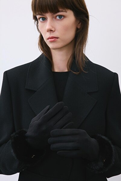 rue Black Touchscreen Gloves with Fur Detail