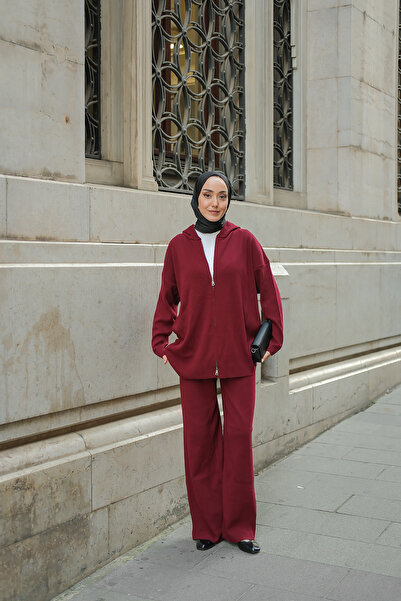 LOCCO Women's Self-Patterned Knitwear Set Burgundy