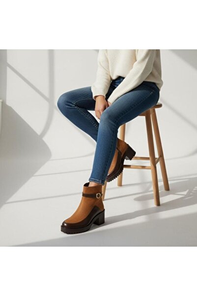 NE&VE SHOES Γυναικείες μπότες με χοντρό τακούνι Taba Nubuck Brown συνδυασμός υφασμάτων με λουράκι στον αστράγαλο