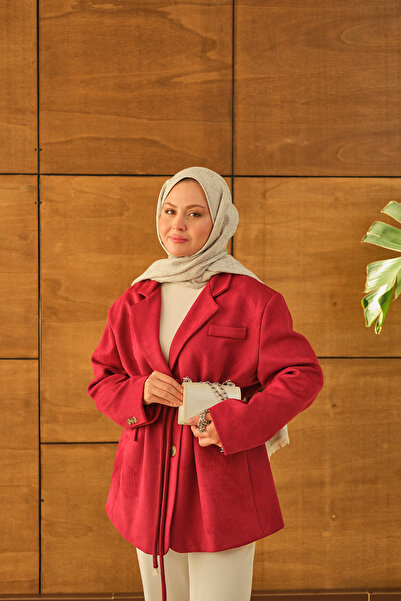 LOCCO Women's Waist-Tie Blazer Suede Jacket Burgundy