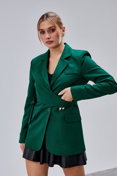 Bolivente Emerald Green Belted Regular Lined Double-Breasted Closure Woven Blazer Jacket