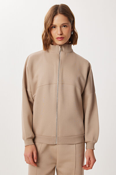 Lovelyİstanbul Zippered Fleece-Lined Knitted Top and Bottom Set Lby0021 Beige