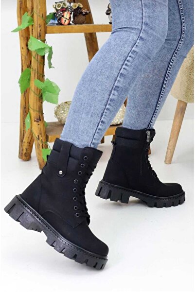 fikret bağcı Women's Boots Lace-Up Zippered Thick Sole Boots Winter Waterproof
