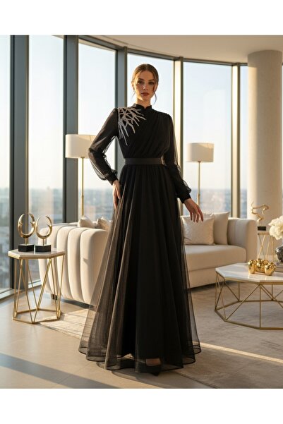 MissRunin Önü Taş Detaylı Drapeli Kemerli Tül Abiye