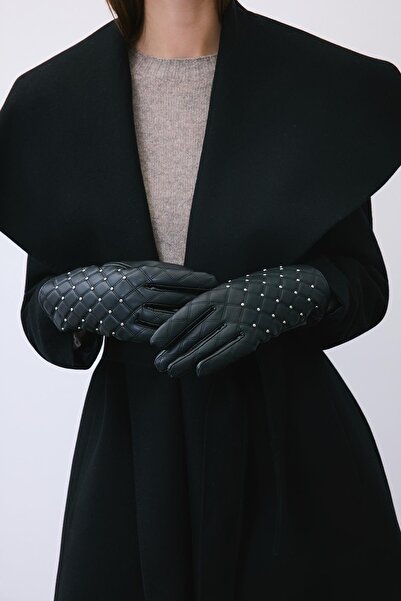 rue Black Faux Leather Gloves with Accessory Detail