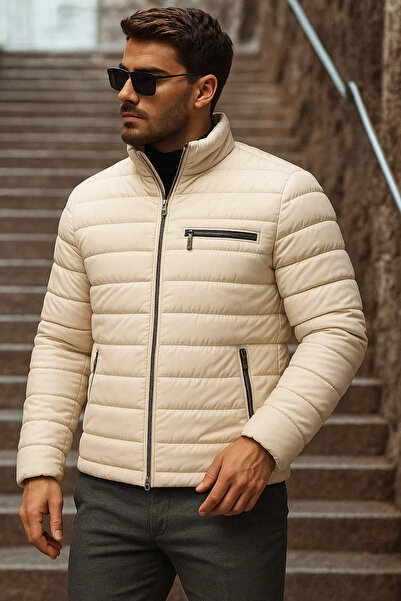 comstar Men's Winter Basic Mock Neck Zippered Cream Puffer Coat