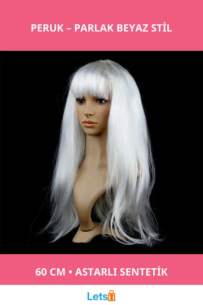 Letsii شعر مستعار صناعي للحفلات باللون الأبيض 60 سم