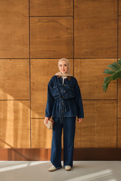 LOCCO Women's Waist-Tie Denim Suit Blue