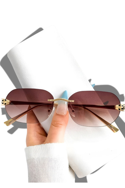 MECKSA Gold Tea-Brown Metal-Edged Frameless Rectangular Fashion Glasses - Cheetah Design