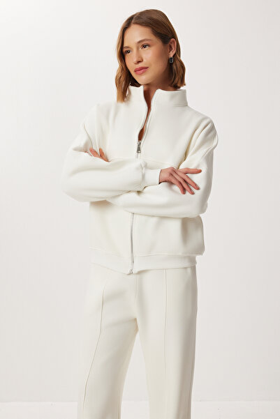 Lovelyİstanbul Zippered Fleece-Lined Knitted Top and Bottom Set Lby0021 Bone