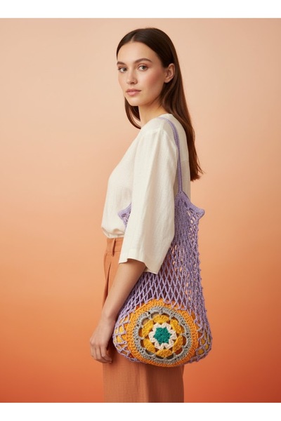 KUMRUNUN DÜNYASI El Emeği Motifli Fileli Alışveriş Market Pazar Çantası