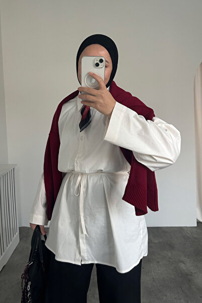 HYWONA Women's Waist-Tied Cotton Pinterest Shirt Ecru