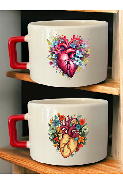 lili hediyelik Heart Flowers 2-Piece Mug Set - Profession-Specific Mug, Profession Mug, Profession-Printed Mug