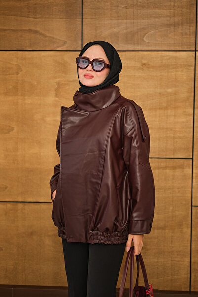 LOCCO Γυναικείο δερμάτινο μπουφάν ψηλός λαιμός Βουργουνδίας