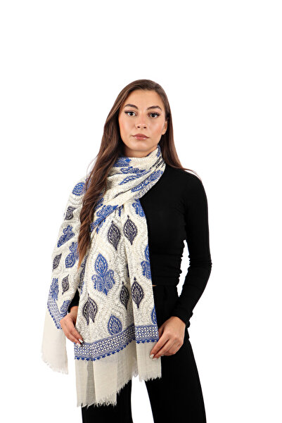 Bursa İpek Cream Cobalt Stone Embroidered Wool Silk Shawl
