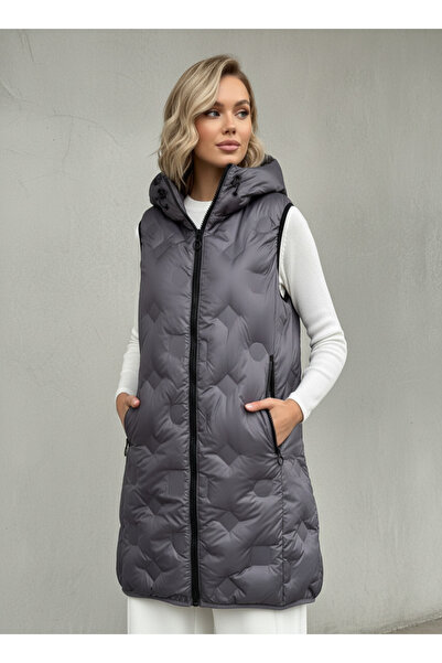 Sibel Günay Butik Women's Hooded Sleeveless Long Anthracite Gray Puffer Coat | Zippered Pocket Detail - Fiber Filled -85 cm