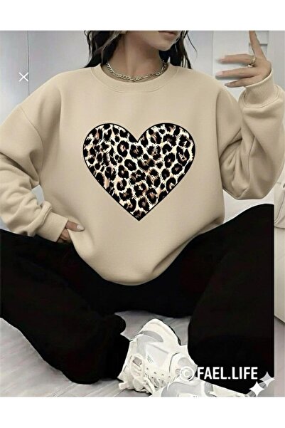 FAEL LİFE Leopard Pattern Heart Printed Crew Neck Oversized Bottom Top Set