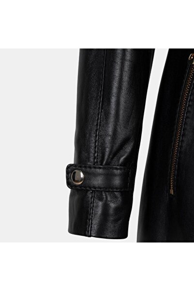 Desa Women's Black Hakim Collar Hooded Leather Coat