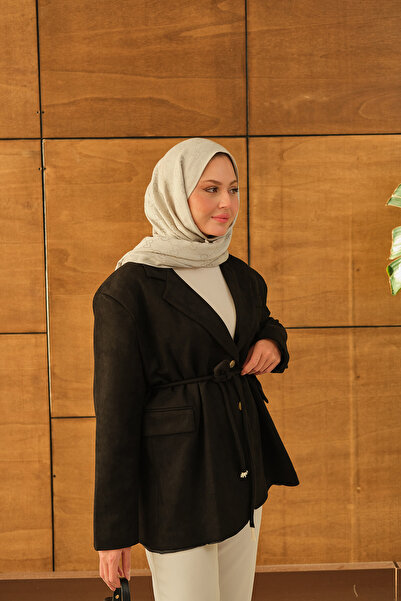 LOCCO Women's Waist-Tied Blazer Suede Jacket Black