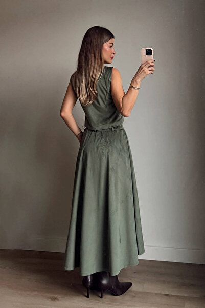 Sue Store Green Slim F Corded Fabric Vest Skirt Velvet Suit